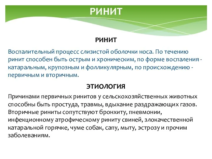 РИНИТ РИНИТ Воспалительный процесс слизистой оболочки носа. По течению ринит способен