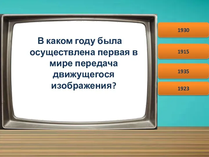 В каком году была осуществлена первая в мире передача движущегося изображения? Начать 1930 1915 1923 1935