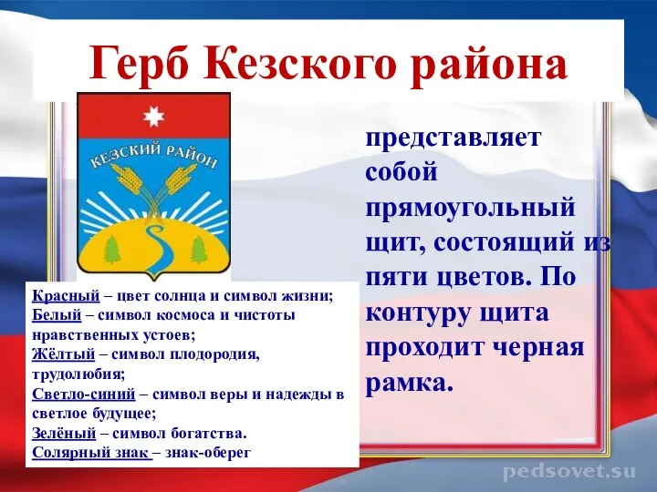 Герб Кезского района представляет собой прямоугольный щит, состоящий из пяти цветов.