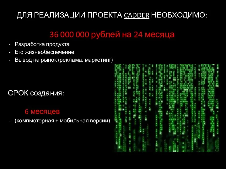 ДЛЯ РЕАЛИЗАЦИИ ПРОЕКТА CADDER НЕОБХОДИМО: 36 000 000 рублей на 24