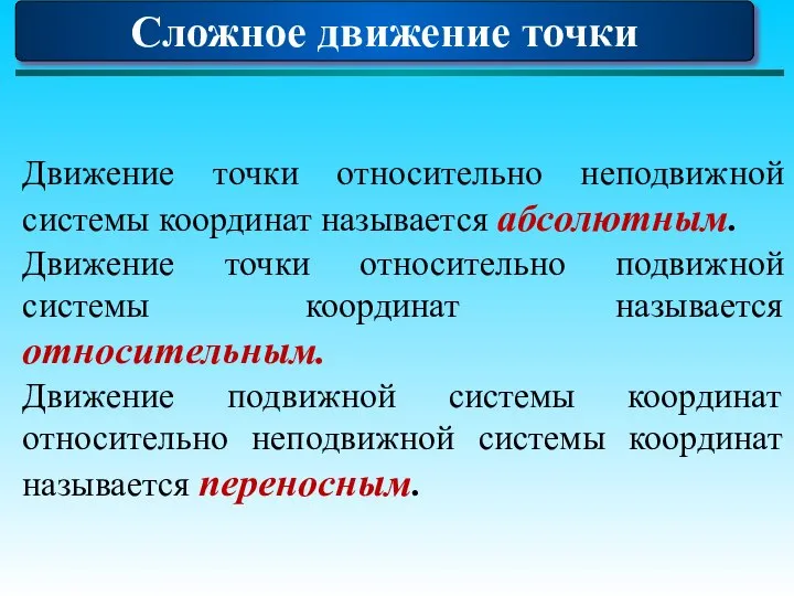 Сложное движение точки Движение точки относительно неподвижной системы координат называется абсолютным.