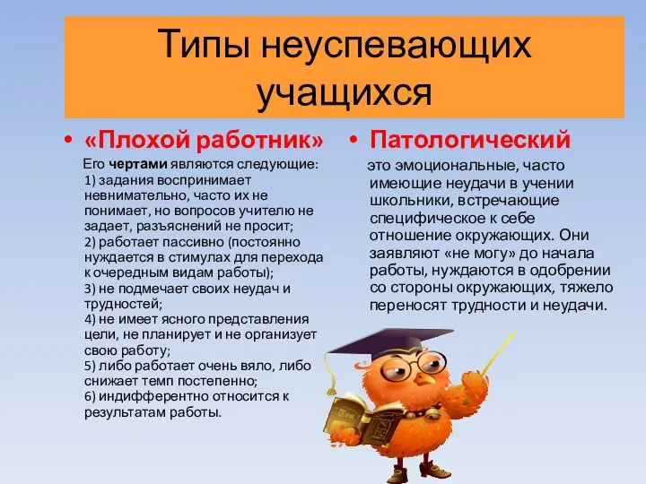 Типы неуспевающих учащихся «Плохой работник» Его чертами являются следующие: 1) задания