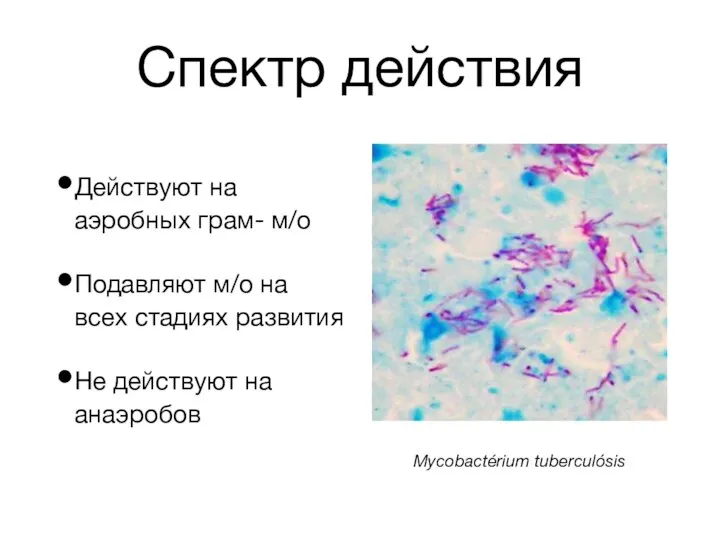 Спектр действия Действуют на аэробных грам- м/о Подавляют м/о на всех