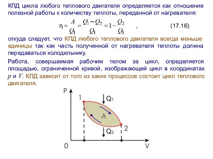 КПД цикла любого теплового двигателя определяется как отношение полезной работы к