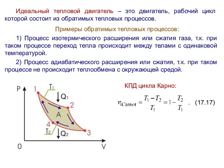 Идеальный тепловой двигатель – это двигатель, рабочий цикл которой состоит из
