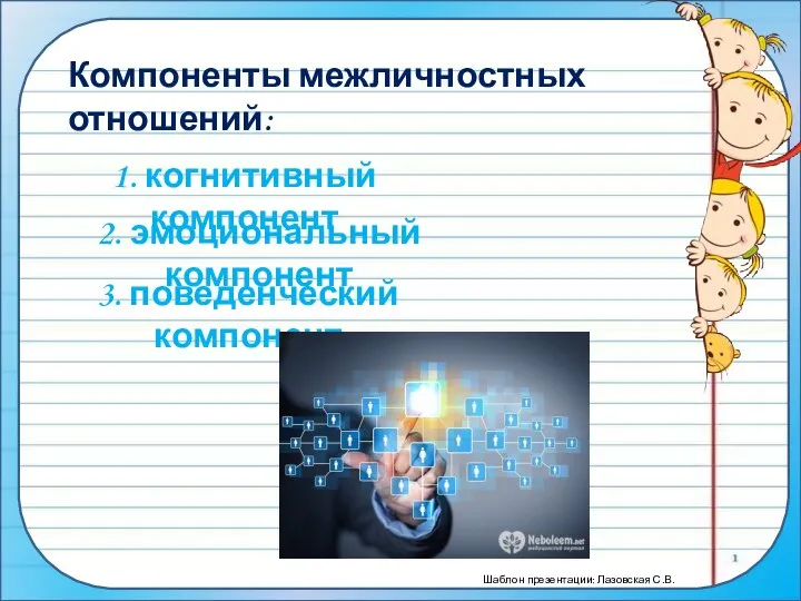 Компоненты межличностных отношений: 1. когнитивный компонент 2. эмоциональный компонент 3. поведенческий компонент