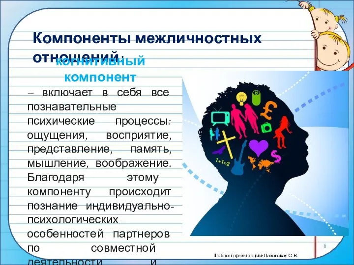 Компоненты межличностных отношений: когнитивный компонент – включает в себя все познавательные