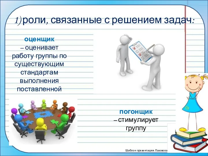 1) роли, связанные с решением задач: оценщик – оценивает работу группы