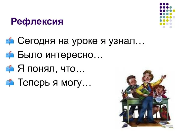 Рефлексия Сегодня на уроке я узнал… Было интересно… Я понял, что… Теперь я могу…