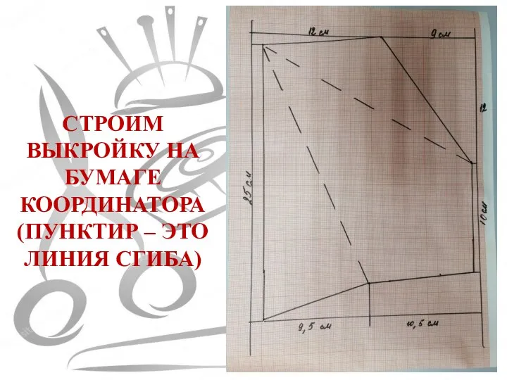 СТРОИМ ВЫКРОЙКУ НА БУМАГЕ КООРДИНАТОРА (ПУНКТИР – ЭТО ЛИНИЯ СГИБА)