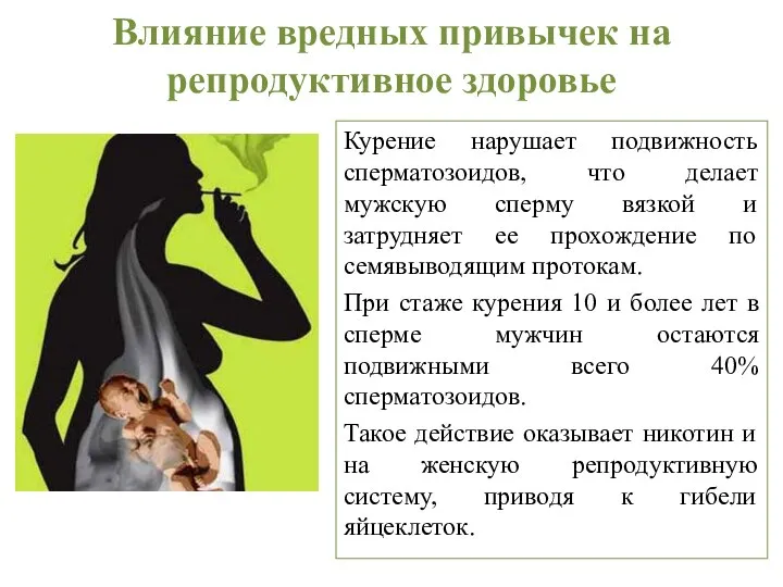 Влияние вредных привычек на репродуктивное здоровье Курение нарушает подвижность сперматозоидов, что