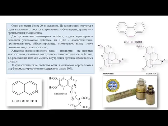 Опий содержит более 20 алкалоидов. По химической структуре одни алкалоиды относятся